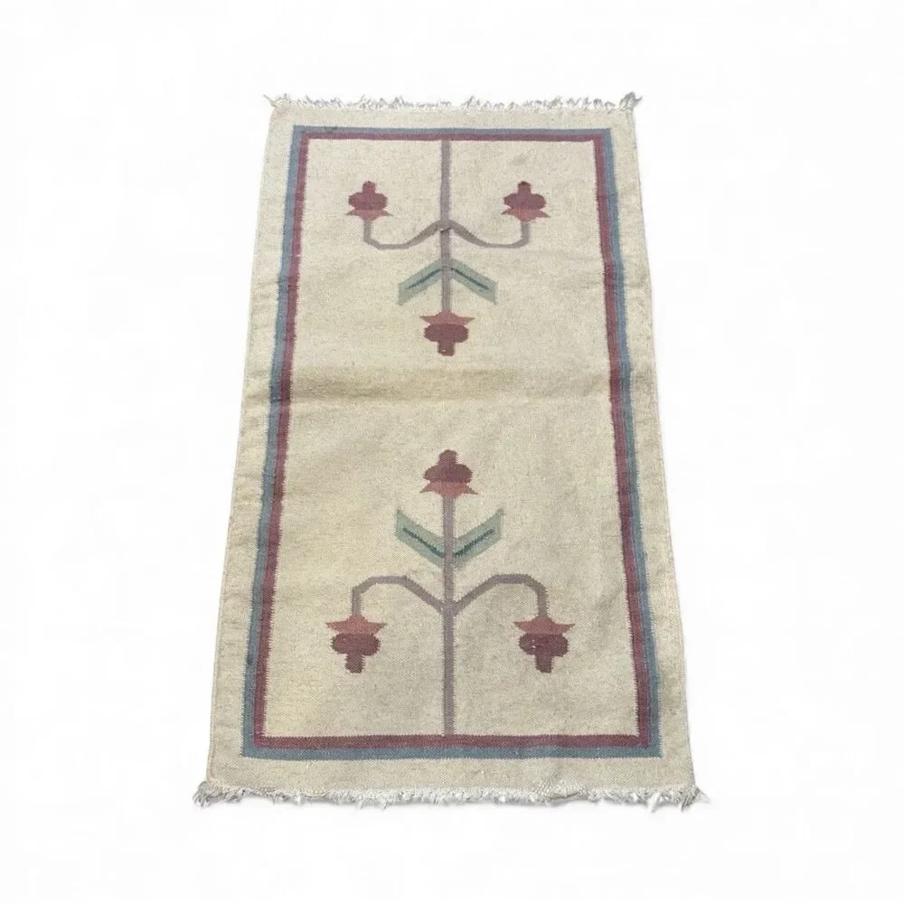 Vintage TREE OF LIFE Flat Weave Wool Rug Hand Woven 24x47” Runner Entry Pastel